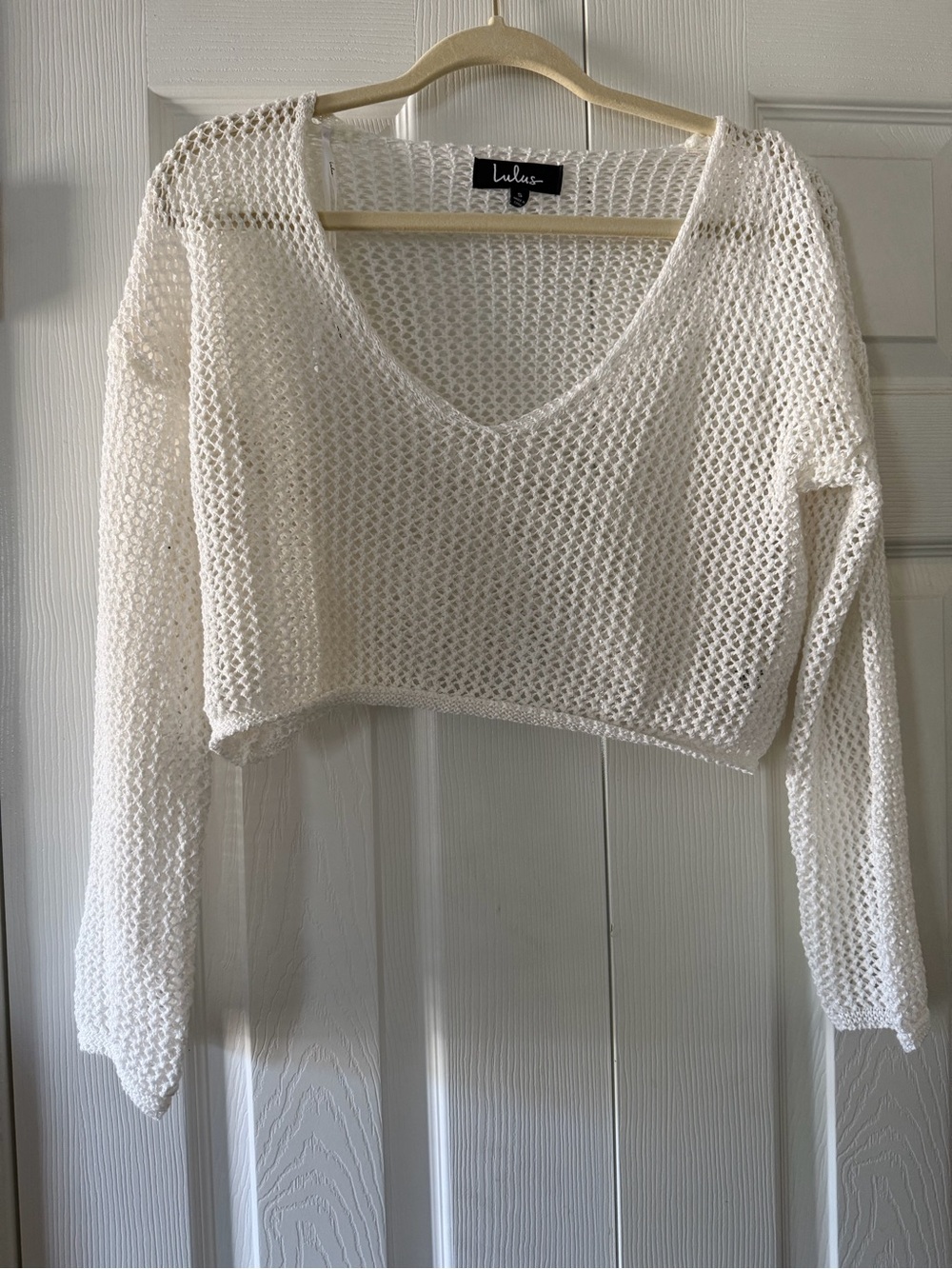 Lulu's White Cropped Open-Knit V-Neck Sweater